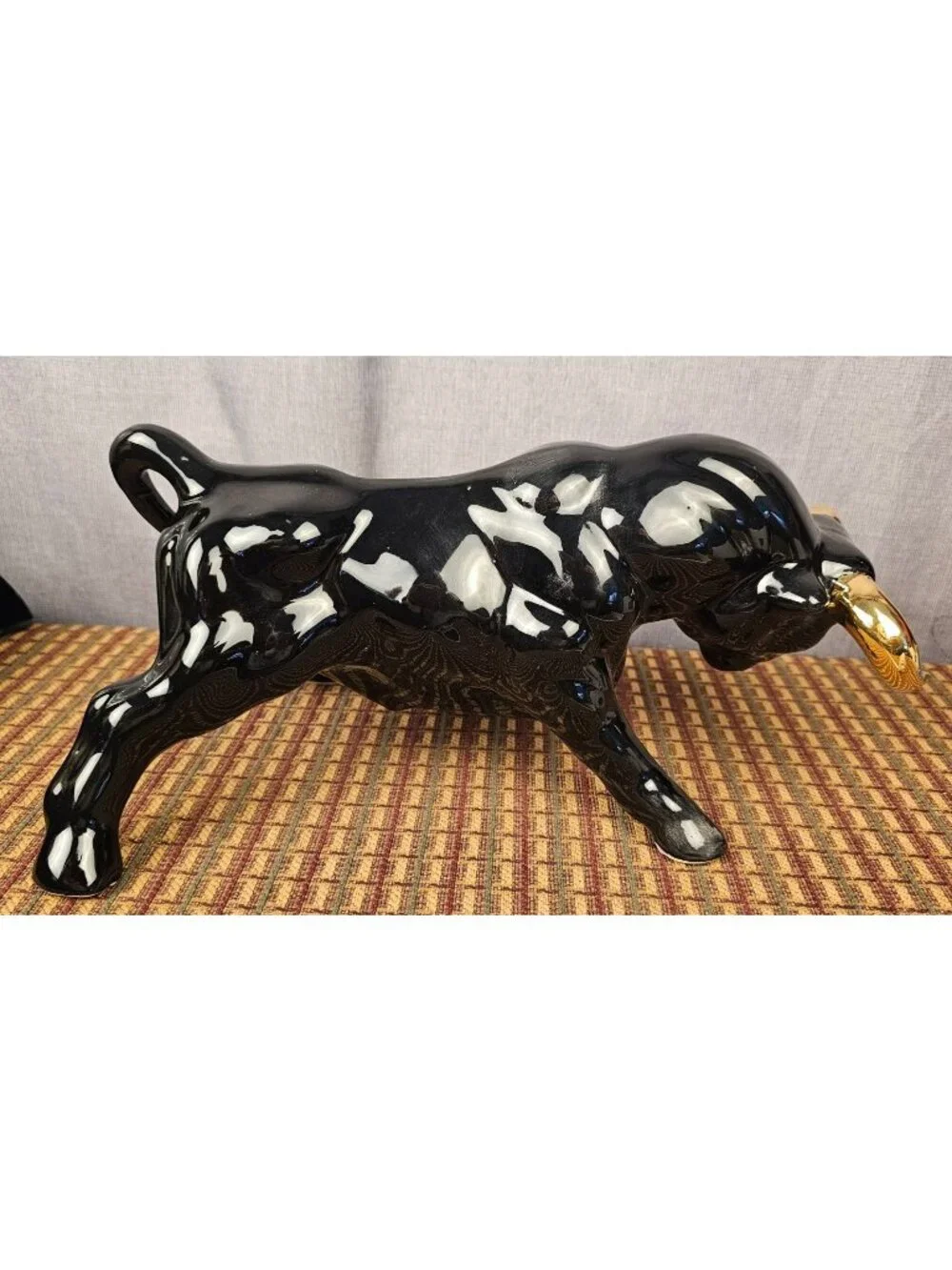 Glossy Black Ceramic Bull Figurine With Gold Horns & Accents - 6